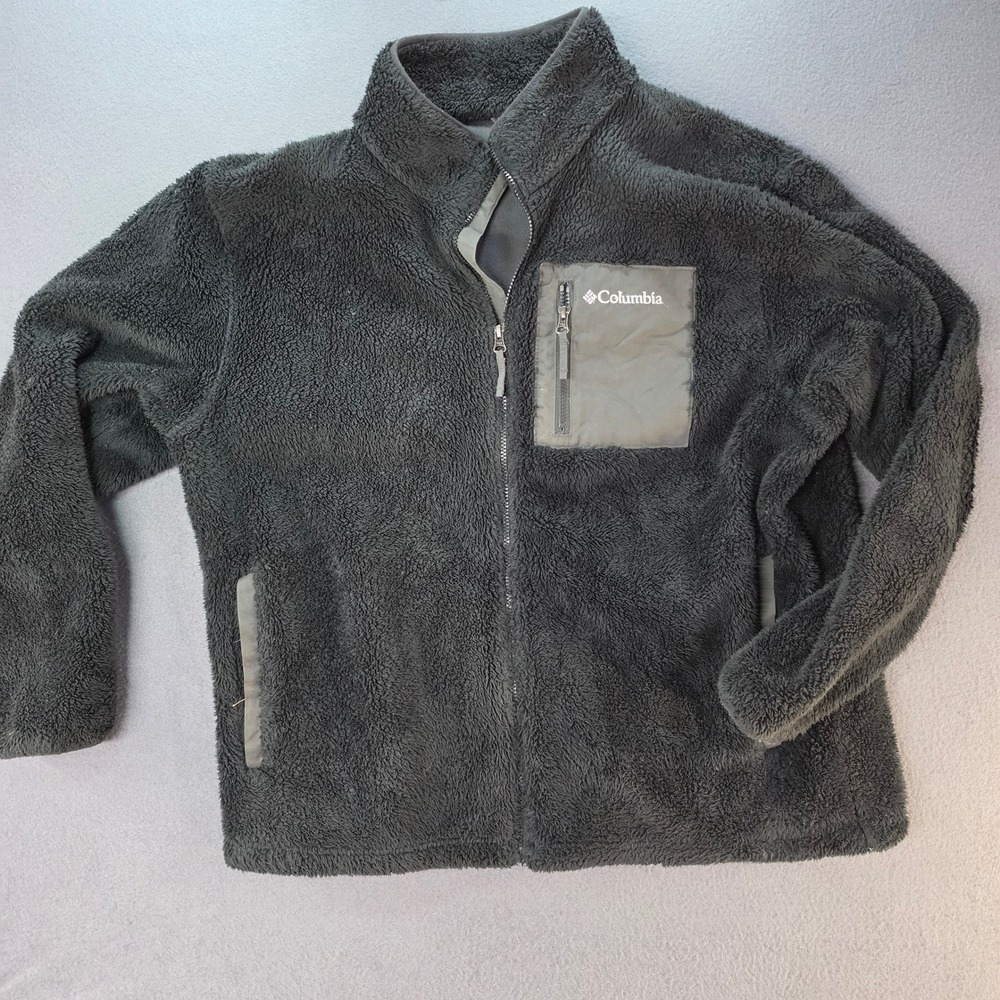 Columbia Mens XL Gray Full Zip Sherpa Fleece Jacket Mock Neck Chest Pocket